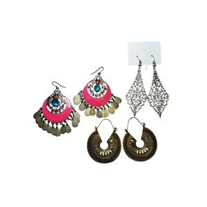 Boho Statement Dangle Earrings Lot 3 Pairs Silver Gold Enamel